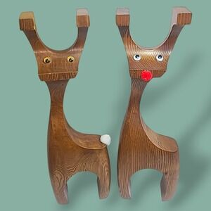 MCM Handcrafted Wooden Reindeer Pair 10.5" Family Crafts Tucson Retro‎ Christmas
